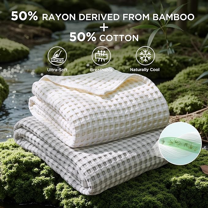 Bedsure Cooling Cotton Waffle Full Size Blanket - Lightweight Breathable Blanket of Rayon Derived from Bamboo for Hot Sleepers, Luxury Throws for Bed, Couch and Sofa, Grey, 80x90 Inches