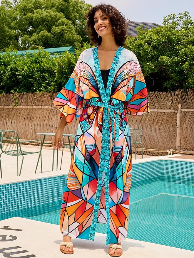 Women Casual Open Front Lightweight Cardigan Long Beach Kimono Cover Up