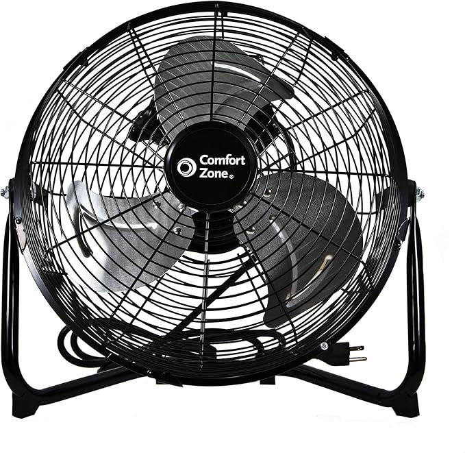 Comfort Zone 12 inch Cradle Fan, 3 Speed Floor or Table Fan with180 Degree Tilt, Metal Construction and Aluminum Blades, Carry Handle, Rubber Feet, Ideal for Bedroom, Workshop, or Garage, Black