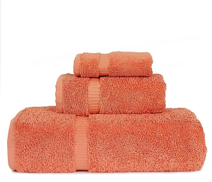 Luxury Hotel & Spa Quality Collection, Quick Dry 100% Turkish Cotton, 750+ GSM, Eco Friendly Towel Set, Bathroom and Kitchen Dobby Border Towels, Bath Towel, Hand Towel, Washcloths (3 Piece, Coral)