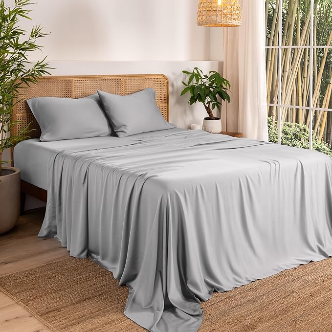 Bare Home 100% Rayon Made from Bamboo Luxury Queen Sheet Set - 4 Piece Bedding Set - Deep Pockets - Cooling Sheets - Breathable - Easy Fit - Soft Bedding Sheets & Pillowcases (Queen, Light Grey)