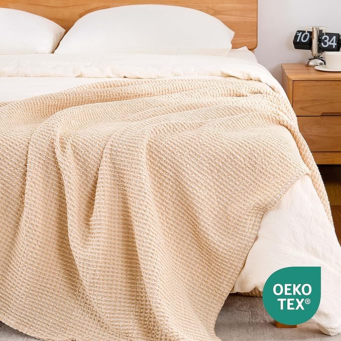 EGOHOME 100% Cotton Waffle Blanket Twin Size for Bed-Breathable and Lightweight,Soft Dual-Tone Textured Jacquard Waffle Weave Blankets for All Seasons,Banana Cream,60 x 80 Inches
