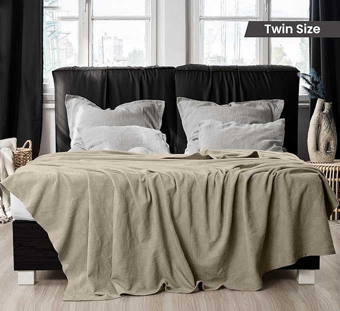 Utopia Bedding Khaki 100% Cotton Blanket [Twin Size - 90x72 Inch] 350GSM Lightweight, Soft and Breathable Thermal Dorm Bed Blanket for All Seasons