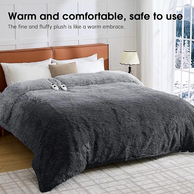 Heated Electric Blanket Queen–Faux Fur with Soft Thick SherpaWarm Winter Birthday Gifts for Women Grandma,Dual Control,10 Heat Settings,5 Time Settings, 84x90, Midnight Black