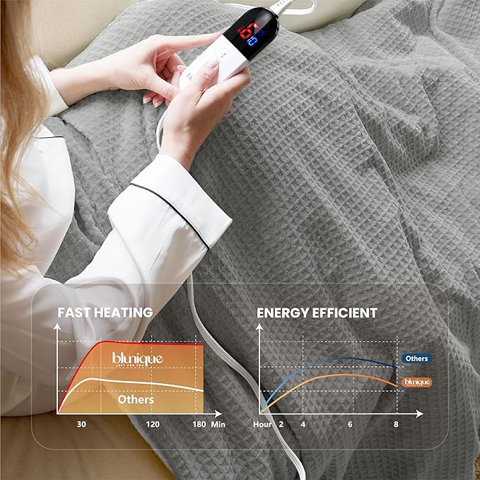 Heated Blanket Electric Blanket Full Waffle,72x84 Inches Sherpa Fleece Fast Heating Blanket 6 Heating Levels & 10 Hours Auto Off ETL Certification, Grey Full