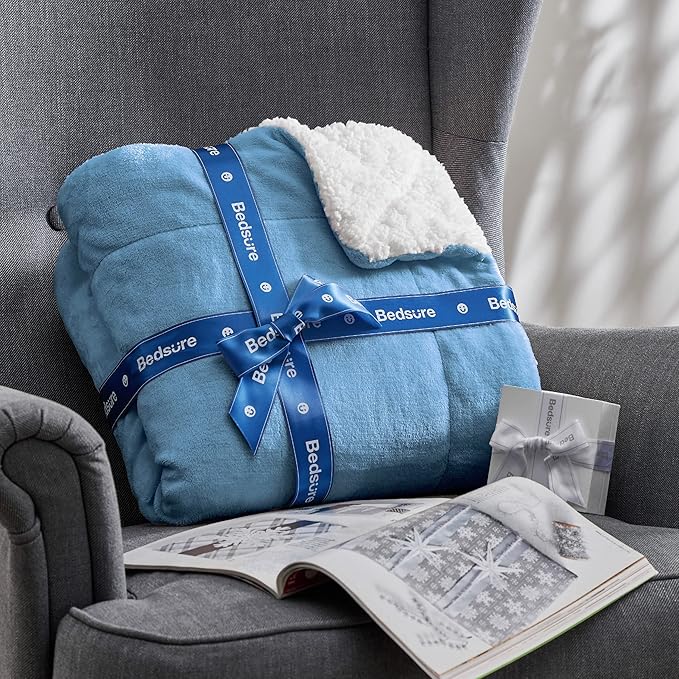 Bedsure GentleSoft Sherpa Fleece Throw Blanket for Couch - Thick and Warm Throw for Women and Men, Soft Fuzzy Plush Blanket for Winter, Washed Blue, 50x60 Inches