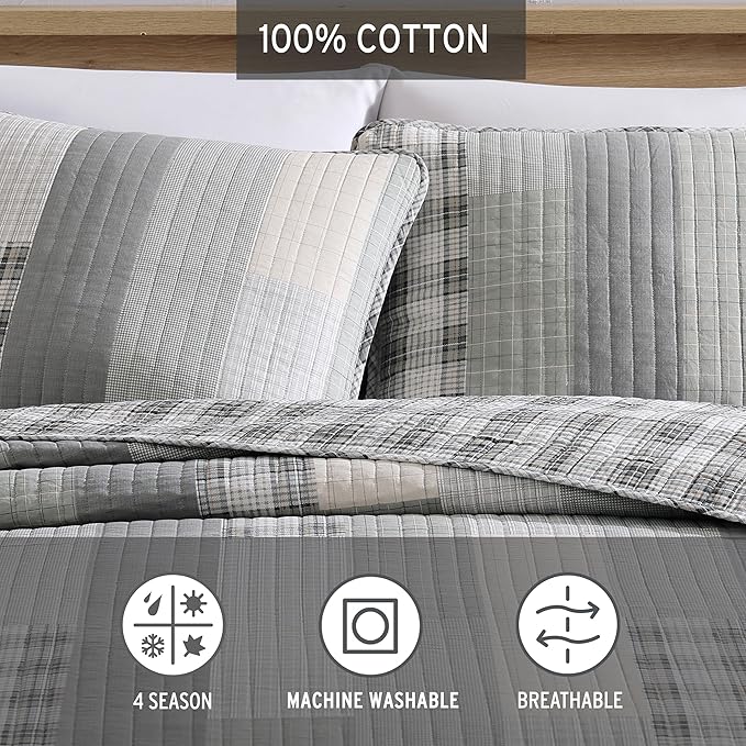 Eddie Bauer - Twin Quilt Set, Cotton Reversible Bedding with Matching Sham, Home Decor for All Seasons (Fairview Grey, Twin)