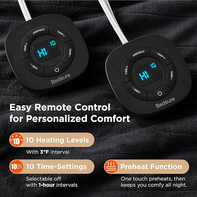 Bedsure Electric Blanket King Size - Dual Control Heated Blanket King Size, Fast Heating with 10 Time Settings & 10 Heat Settings, Warm Gift for Grandma (100x90 inches, Black)