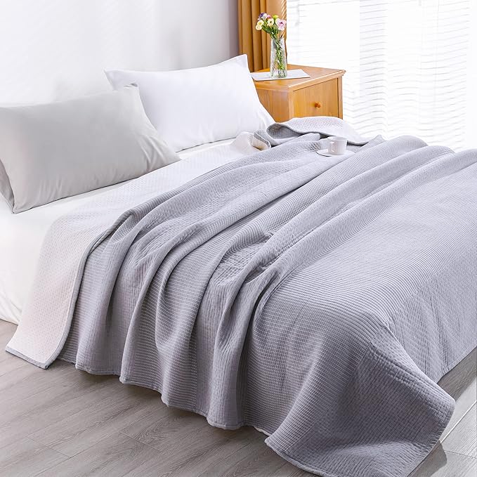 NTBAY 3 Layers Cotton Muslin 88x92 Queen Bed Blanket, Super Soft Breathable Thermal Yarn Dyed Quilt for Adults, Perfect Lightweight Blanket for Couch Sofa Bed All Seasons, Grey Dot