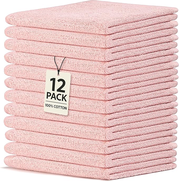 Crystal Ridge Cotton Wash Cloths 12 Pack - Washcloths for Showering, Face and Body, Soft and Highly Absorbent Multipurpose Towels for Bathroom, Kitchen, Spa and Gym - Wash Rags 12 x12 (Lt Pink)