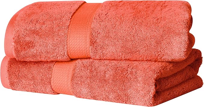 Superior Egyptian Cotton Pile Bath Towel Set of 2, Ultra Soft Luxury Towels, Thick Plush Essentials, Absorbent Heavyweight, Guest Bath, Hotel, Spa, Home Bathroom, Shower Basics, Coral