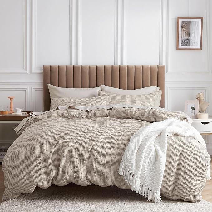 Bedsure 100% Cotton Duvet Cover King Size with Fitted Sheet - 4 Pieces Linen Color Waffle Weave Bedding Set, GentleSoft™ and Breathable, Includes 1 Duvet Cover 104x90, 1 Fitted Sheet, 2 Pillow Shams