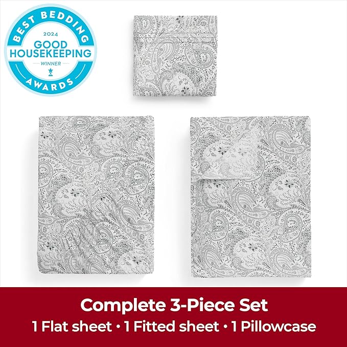 Mellanni Twin XL Sheets Set - 3 PC Iconic Collection Bedding - Hotel Luxury, Extra Soft, Cooling Bed Sheets - Wrinkle, Fade, Stain Resistant (Twin Extra Long, Paisley Gray)