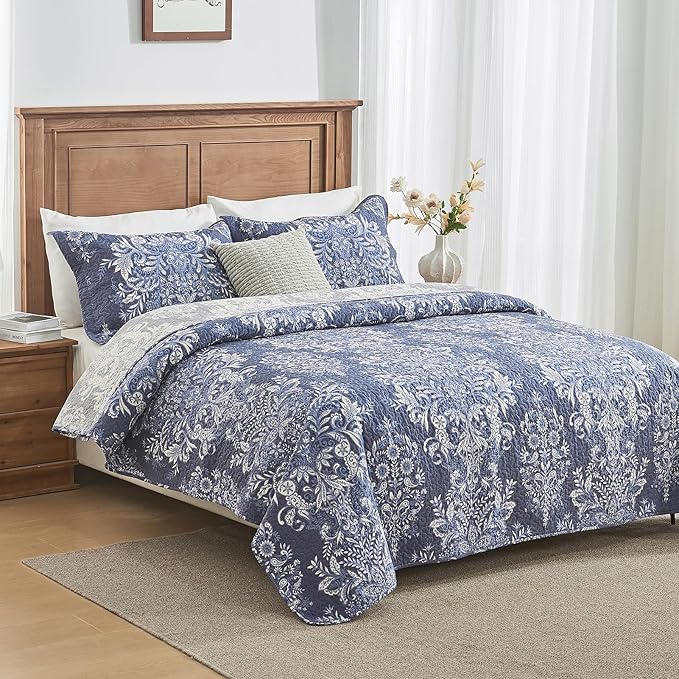 100% Cotton Quilt Set King Size - Damask Pattern Quilted Comforter, Vintage Reversible King Quilt Bedspread, Lightweight Bedding for King Bed, 3pcs, Blue