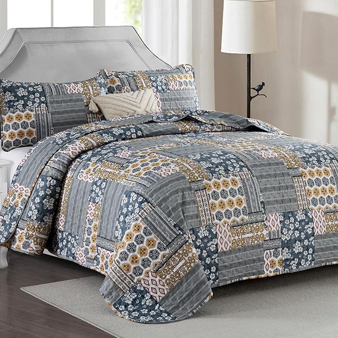Mybedsoul Dark Grey Quilt Set King Size, 3 Pieces Plaid Floral Bedspread Set Patchwork Reversible Bedding Set Microfiber Lightweight Bedspread Coverlet Set for All Season 110"x90"