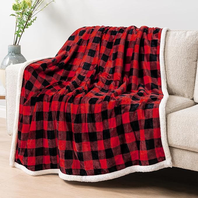 PAVILIA Buffalo Check Sherpa Blanket Throw King,Red Black Checkered Flannel Fleece Blanket,Christmas Plaid Warm Plush Microfiber Blanket for Couch Sofa,90x108 Inches