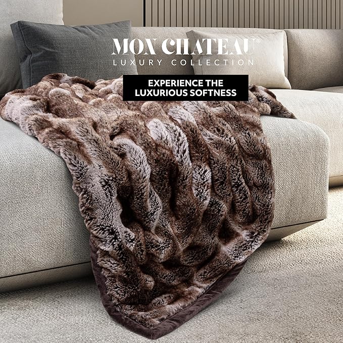 Mon Chateau 60" x 70" Reverie Faux Fur Throw, Reversible Soft Blanket for Queen-Size Bed, Couch, or Sofa, Cozy Home Decor and Stylish Living Room Comfort, Cedarwood Ruched