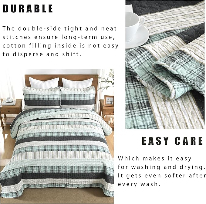Homzard Queen Comforter Set，Cotton Quilts Queen Size，Teal Black Beige Bedding，Plaid Striped Bedspread，Lightweight Reversible Coverlet All Season 3 Pieces