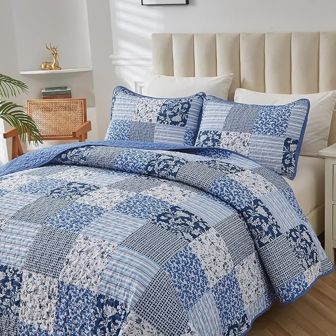 Mybedsoul Blue Quilt Set California King, 3 Pieces Plaid Floral Bedspread Set Patchwork Reversible Bedding Set Microfiber Lightweight Bedspread Coverlet Set for All Season 112"x96"
