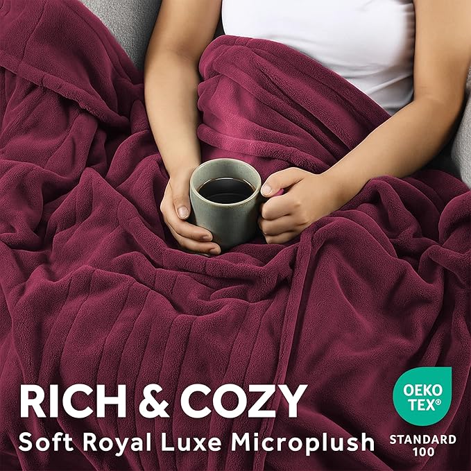 Sunbeam Electric Royal Luxe Microplush Heated Blanket, 12 Heat Settings, 12-Hour Auto Shut-Off, Fast Heating, Warm & Cozy, Machine Washable, Cabernet Color, Full (84" x 72")