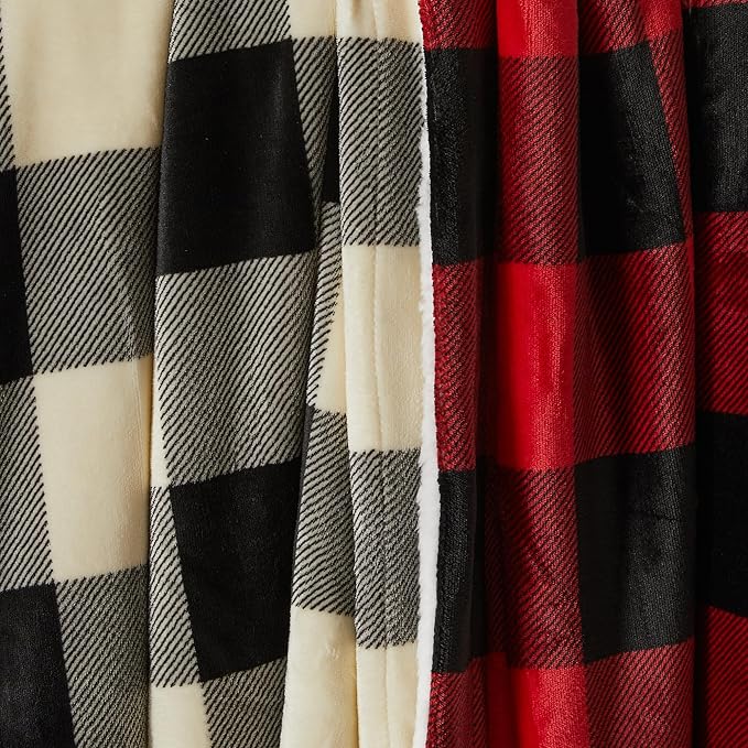Fleece/Sherpa Throw Blanket - Super Soft Printed Blanket for Couch, Chair, or Bed - Cozy, Luxurious Plush Throw Blanket - Throw 50" x 60", Red/Black Buff Check