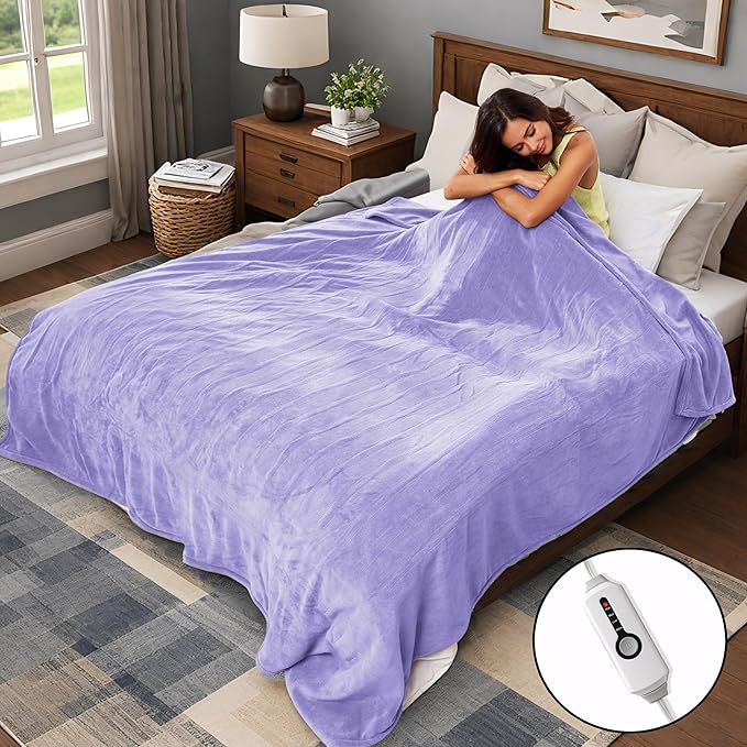 Electric Heated Blanket 84"x90" Queen Size, Soft Coral Fleece, Dual Controllers with 4 Heating Levels and 10 Hours Auto-Off, Machine Washable, Cozy Plush Fabric for Home, Light Purple