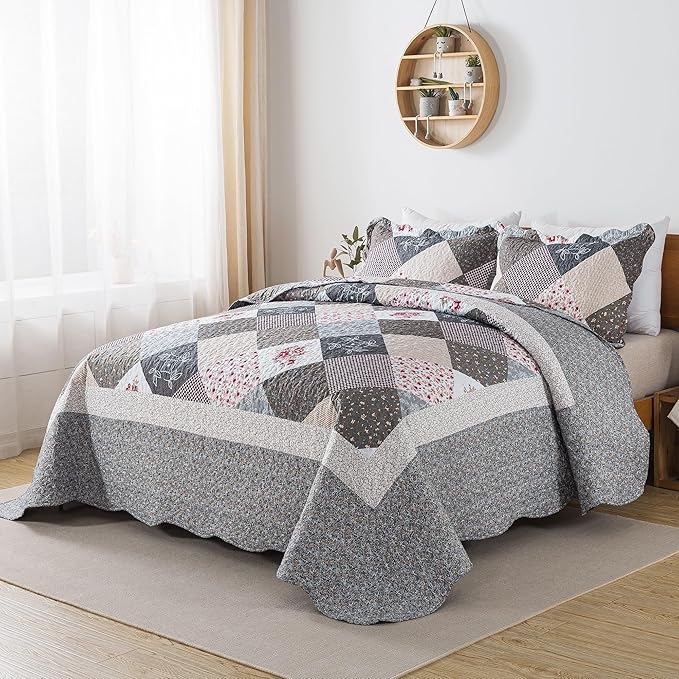 HoneiLife Queen Size Quilt Set - 3 Pieces - Grey Border Microfiber Bedding Set - Lightweight, Reversible Coverlets, Floral Bedding - All Season Quilts