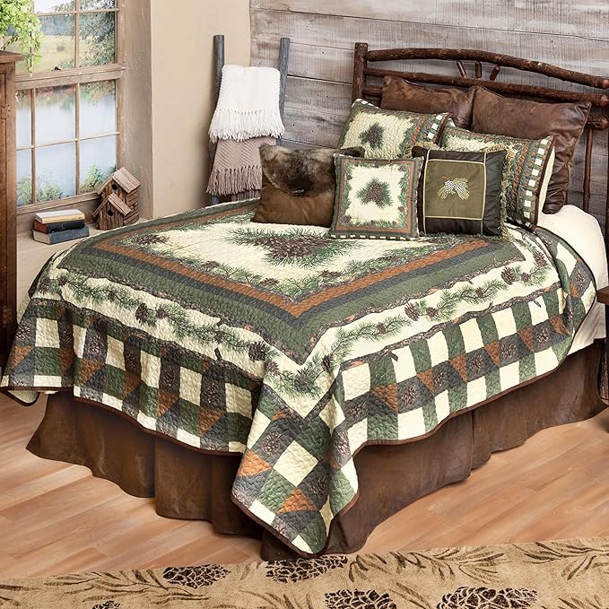 BLACK FOREST DECOR Woodland Pinecones Quilt Bed Set - Queen, Rustic Lodge Pinecone Bedding - 90" x 90"