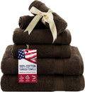 American Veteran Towel, 6 Piece Towel Set for Bathroom, 100% Cotton Turkish Bathroom Towels, 2 Bath Towels 2 Hand Towels 2 Washcloths, Brown