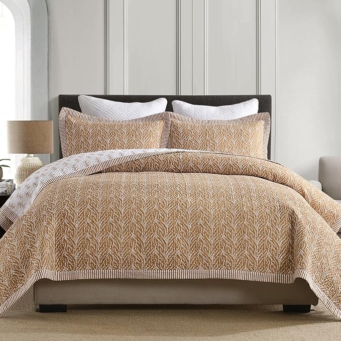 Quilt Set Queen Size - 100% Cotton Orange Flowers Reversible Bedspread Bedding Set, Lightweight 3-Piece Bed Quilts Botanical Pattern Comforter Cover with 2 Pillow Shams, All Season,90x98