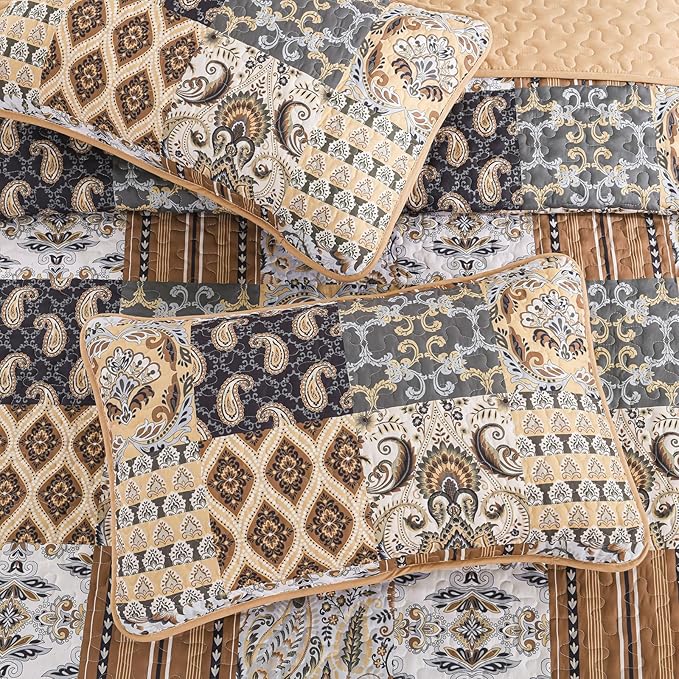 WONGS BEDDING Boho Quilt Set King Size, Dark Brown Plaid Patchwork Bedspread Bedding Set Soft Microfiber Quilt for King Bed Reversible 3 Pieces Coverlet Set for All Season (104"x90")