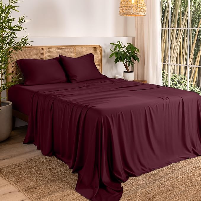 Bare Home 100% Rayon Made from Bamboo Queen Sheet Set - 4 Piece Bedding Set - Deep Pockets - Breathable - Easy Fit - Bedding Sheets & Pillowcases (Queen, Burgundy)