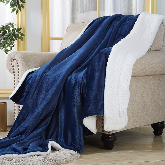 SOCHOW Sherpa Fleece Throw Blanket, Double-Sided Super Soft Luxurious Plush Blanket King Size 90 inchx108 inch, Navy Blue,