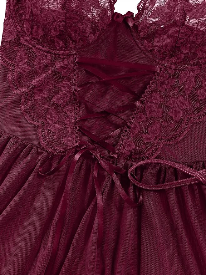 Lilosy Sexy Garter Belt Mesh Lace Babydoll Lingerie Dress Set with Thong