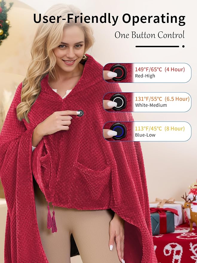 Electric Heated Blanket Battery Operated, Portable Heated Shawl for Neck and Shoulders and Back, Heating Blanket with Zipper and Pockets, 20000mAh, 3 Heating Levels, up to 8 Hours
