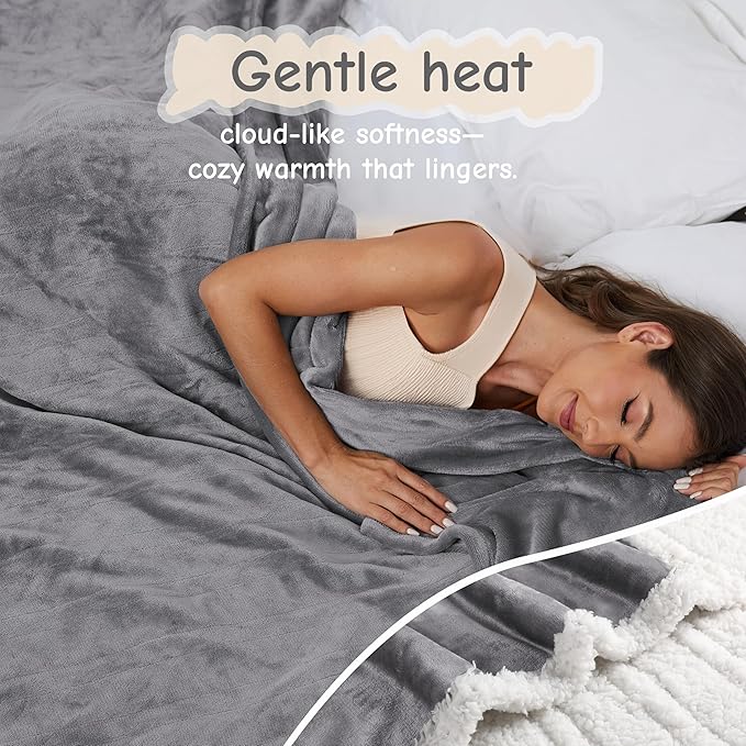 Electric Heated Blanket Throw Size 50"x60", Soft Flannel with Overheat Protection, 6 Adjustable Heat Settings & 3-Hour Auto-Off Timer, Fast Heating for Winter Comfort, Light Grey
