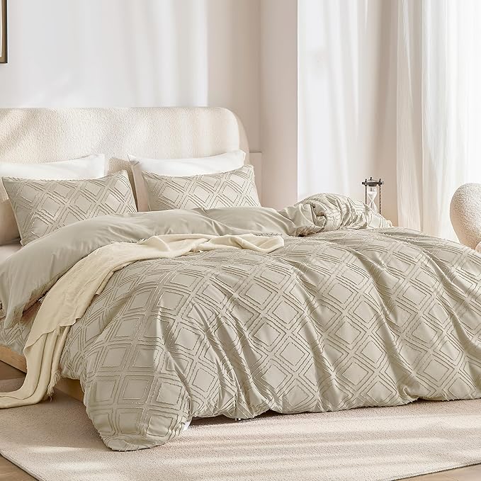 JELLYMONI Duvet Cover Queen Size Light Khaki - 3PCS Boho Duvet Cover Set Plaid Polyester Tufted Bohemian Jacquard Knit Textured Comforter Cover 90×90in Rhombic Geometric Pattern Zipper Corner Tie