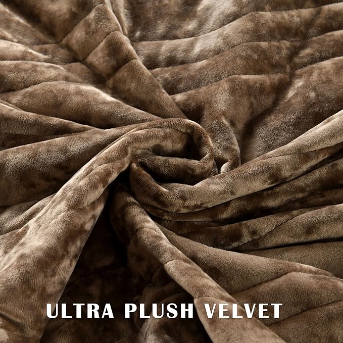 Velvet Quilt Set, Mocha Brown Velvet Quilt Queen Size Comforter Set, Luxury Bedding Soft Plush Bedspread, Machine Washable Coverlet, All-Season 3 Pieces