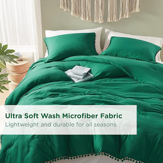 Codi Emerald Green Full/Queen Comforter Set - Boho Aesthetic Bedding with Luxurious Pom Fringe, Soft Washed Microfiber 3pc Set, Couple-Friendly Lightweight Design, 1 Comforter & 2 Pillow Shams