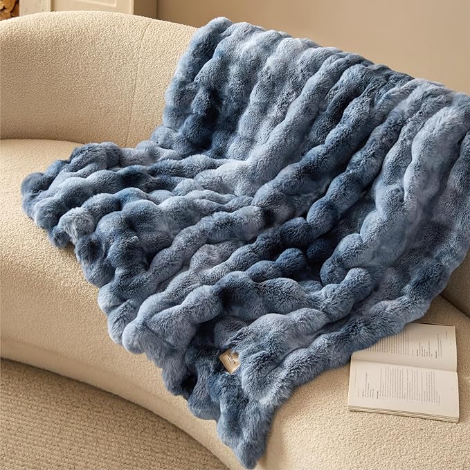 Bedsure GentleSoft Fluffy Faux Fur Blanket Twin Size, Fuzzy Soft Bubble Blanket for Couch, Faux Fur Decor for Home Bedroom Living Room, Thick Furry Cozy Gifts for Women, Tie-dye Blue, 60x80 Inch