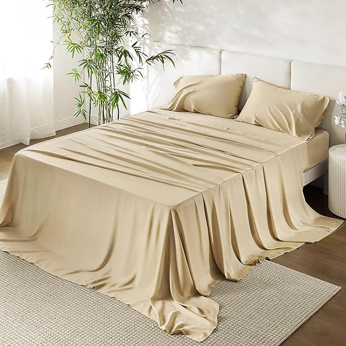 URBANHUT 100% Egyptian Cotton Sheets - 1000 Thread Count Queen Sheet Set (4Pc), Sateen Weave Luxury Hotel Sheets - Fits Upto 16" Mattress - Sand(Beige)
