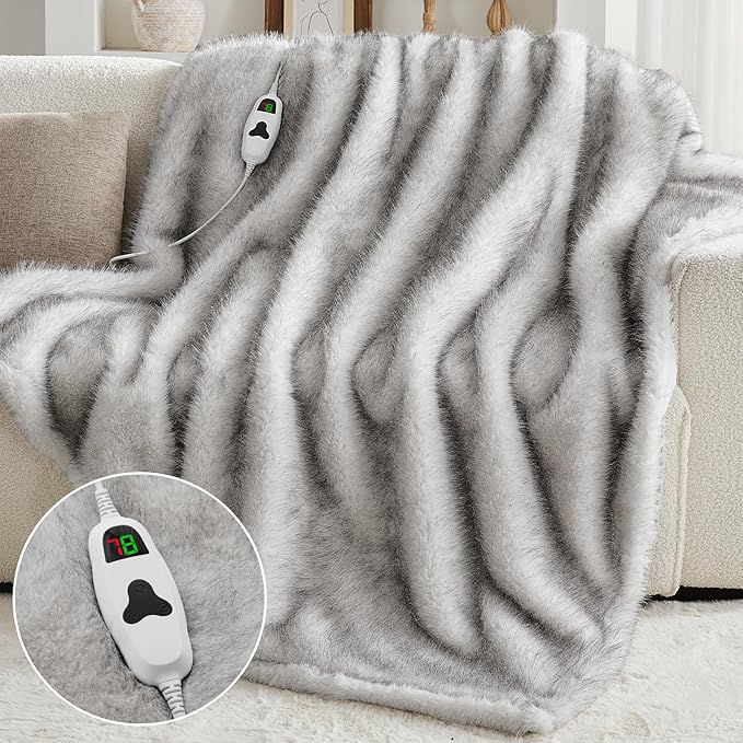 Faux Fur Heated Electric Blanket Throw, 50"X60" Heating Blanket Gifts for Women Mom Winter Warming Warm Luxury Super Cozy Fuzzy Heavy Plush Fluffy Decor, 10 Heat Levels 8H Auto Off,White