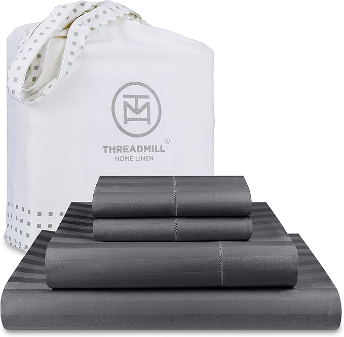 Threadmill 500 Thread Count King Size Damask Stripe, 4 Pc Luxury Cotton Sheet Set, Silky Soft & Breathable Dark Grey Sheets with 16" Elasticized Deep Pocket, 2 Pillowcases & Free Tote Bag