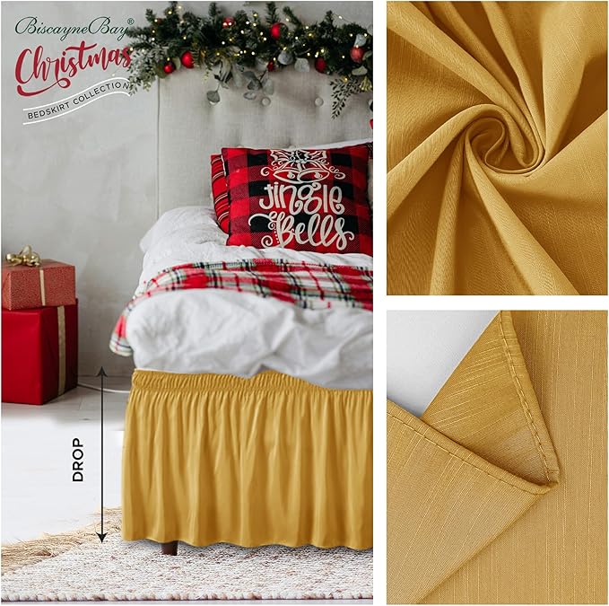 Biscaynebay Wrap Around Bed Skirts for Queen Beds 17" Long Drop, Gold Adjustable Elastic Dust Ruffles Easy Fit Wrinkle Resistant Silky Luxurious Fabric Machine Washable