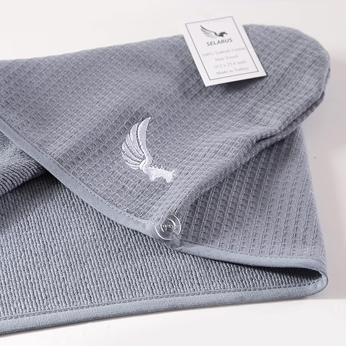 100% Turkish Cotton Hair Towel Wrap for Women,Non Microfiber,Super Absorbent,AntiFrizz,Plopping Hair Drying Waffle Bath Towels for Curly,Long&Thick Hairs,Head Wrap,2 Pack10x26inc (Grey+Grey)