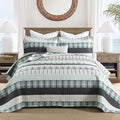 Homzard Queen Comforter Set，Cotton Quilts Queen Size，Teal Black Beige Bedding，Plaid Striped Bedspread，Lightweight Reversible Coverlet All Season 3 Pieces