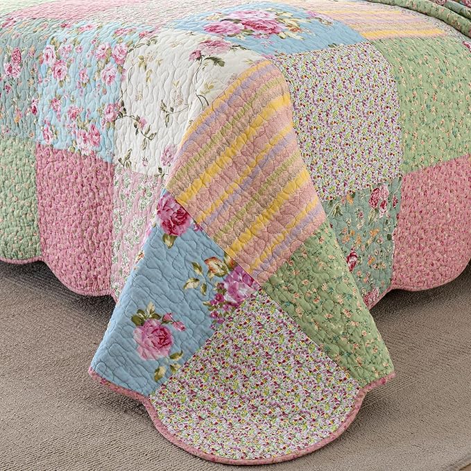 YAYIDAY Quilt King Size Patchwork Bedspread Set - 100% Cotton Reversible Breathable Floral Quilted Quilt with Pillow Shams Fit All Season