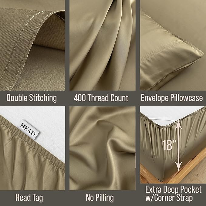 Bella Coterie Luxury Bamboo Viscose Split King Size Sheet Set | 2 Fitted Sheets for Sleep Number & Adjustable Beds | 100% Organically Grown | Cooling & Ultra Soft | 18” Deep Pocket [Olive]