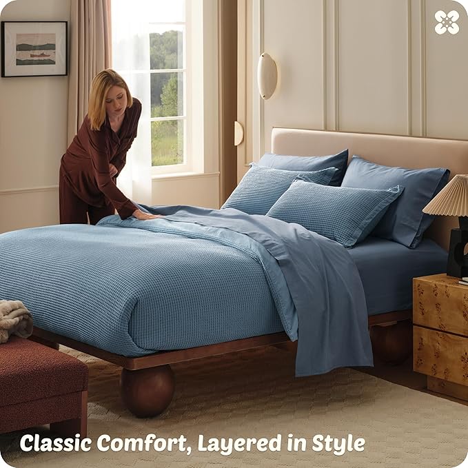 Bedsure Cotton Duvet Cover King - 100% Cotton Waffle Weave Grey Blue Duvet Cover King Size, GentleSoft™ and Breathable Bedding Set for All Season, 3 Pieces, 104"x90"