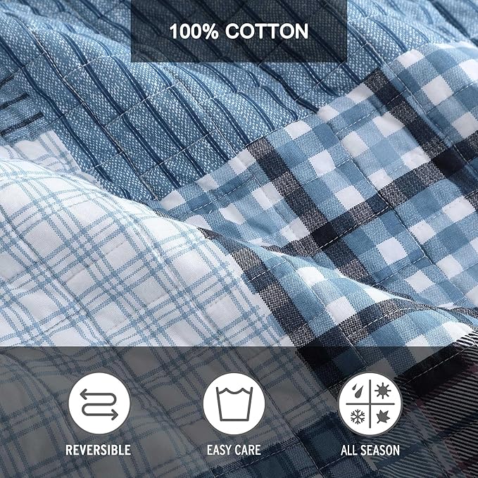 Eddie Bauer - Twin Quilt Set, Reversible Cotton Bedding with Matching Sham, Patchwork Plaid Bedding Set (Hawthorne Blue, Twin)